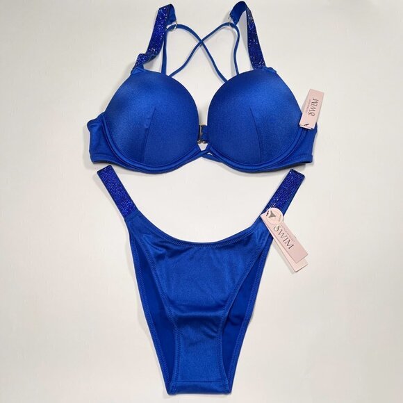 Victoria Secret 38DD L Bombshell Push Up Bikini Top Set Shine Strap Blue - Picture 1 of 11